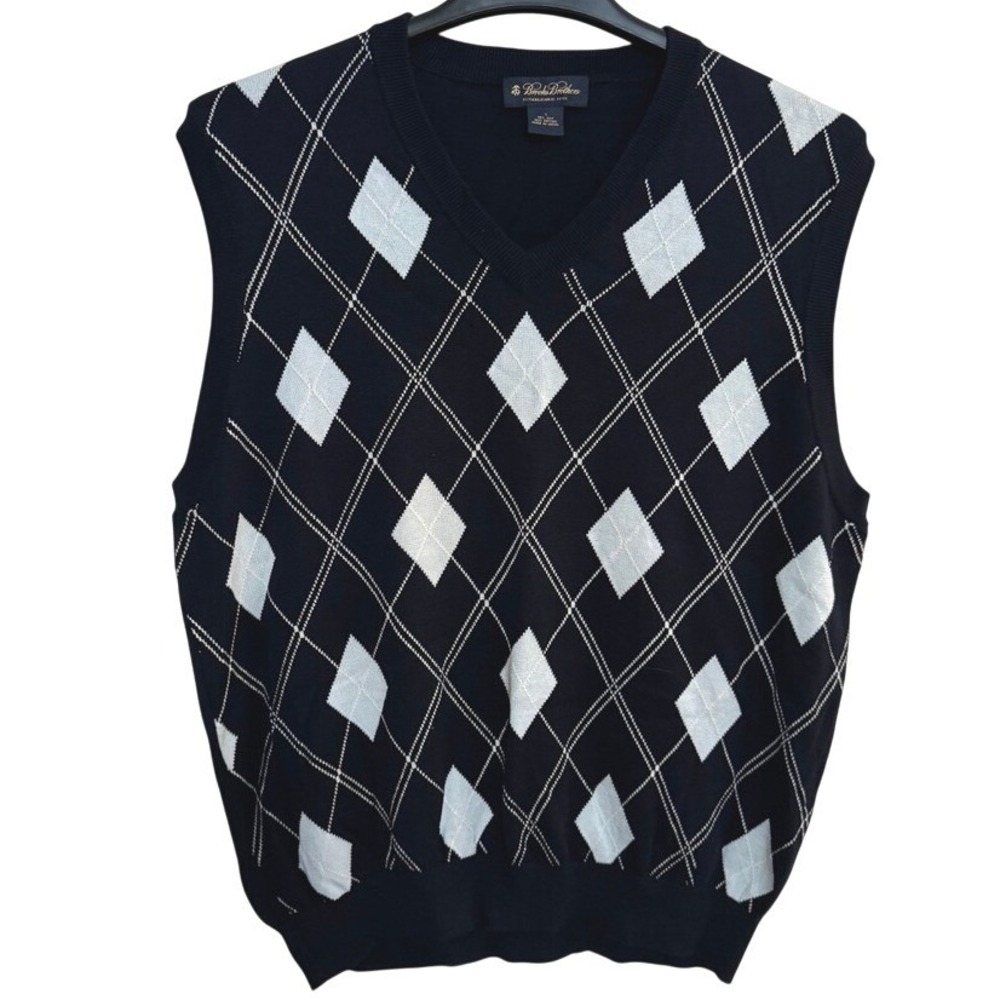 Brooks Brothers Sweater Vest Men's Large Geometric Diamonds Navy Blue Silk Blend